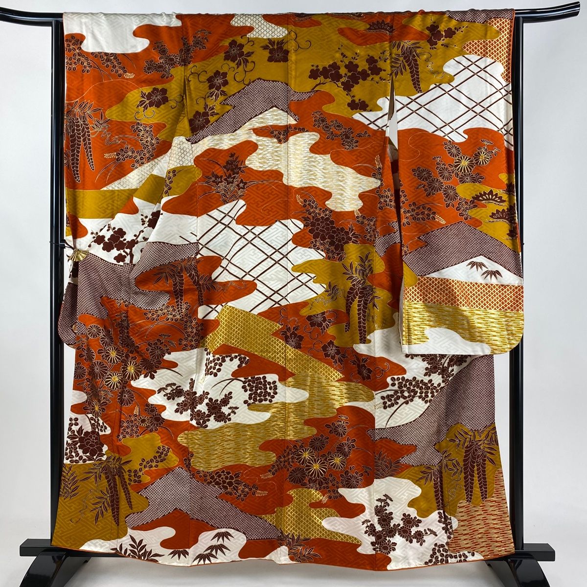 振袖 身丈159.5cm 裄丈65cm M 袷 菊 霞 金糸 金彩 赤茶 正絹 秀