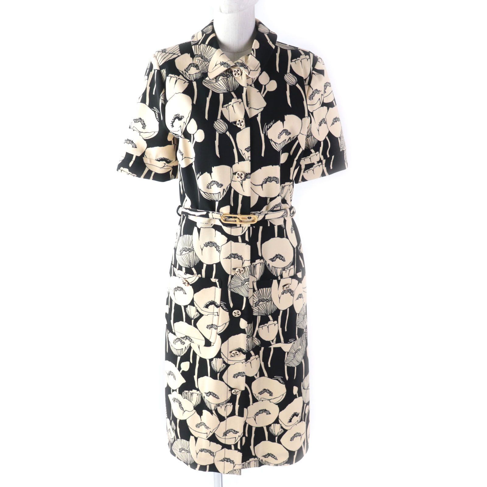 ♥品 GUCCI グッチ 2021年製 653181 ポピーフラワープリント GGベルト付 半袖 ロングドレス|ワンピース ブラック ベージュ M 伊製 正規品 レディース