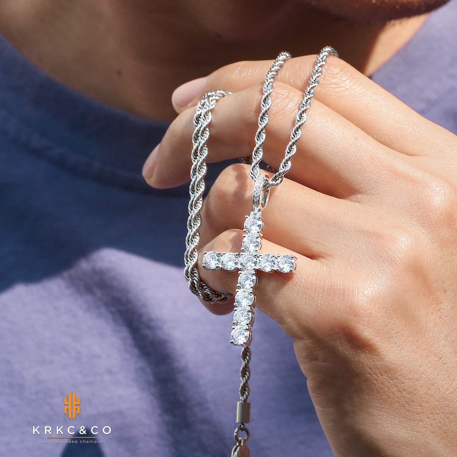  ヒップホップ チェーンネックレス キラキラ CZダイヤ 2点セット K 14金メッキ チェーン付 ジルコニア モアサナイト ペンダントップ プレゼント 十字架 メンズ クロスネックレス KRKC-CO ネックレス アクセサリー