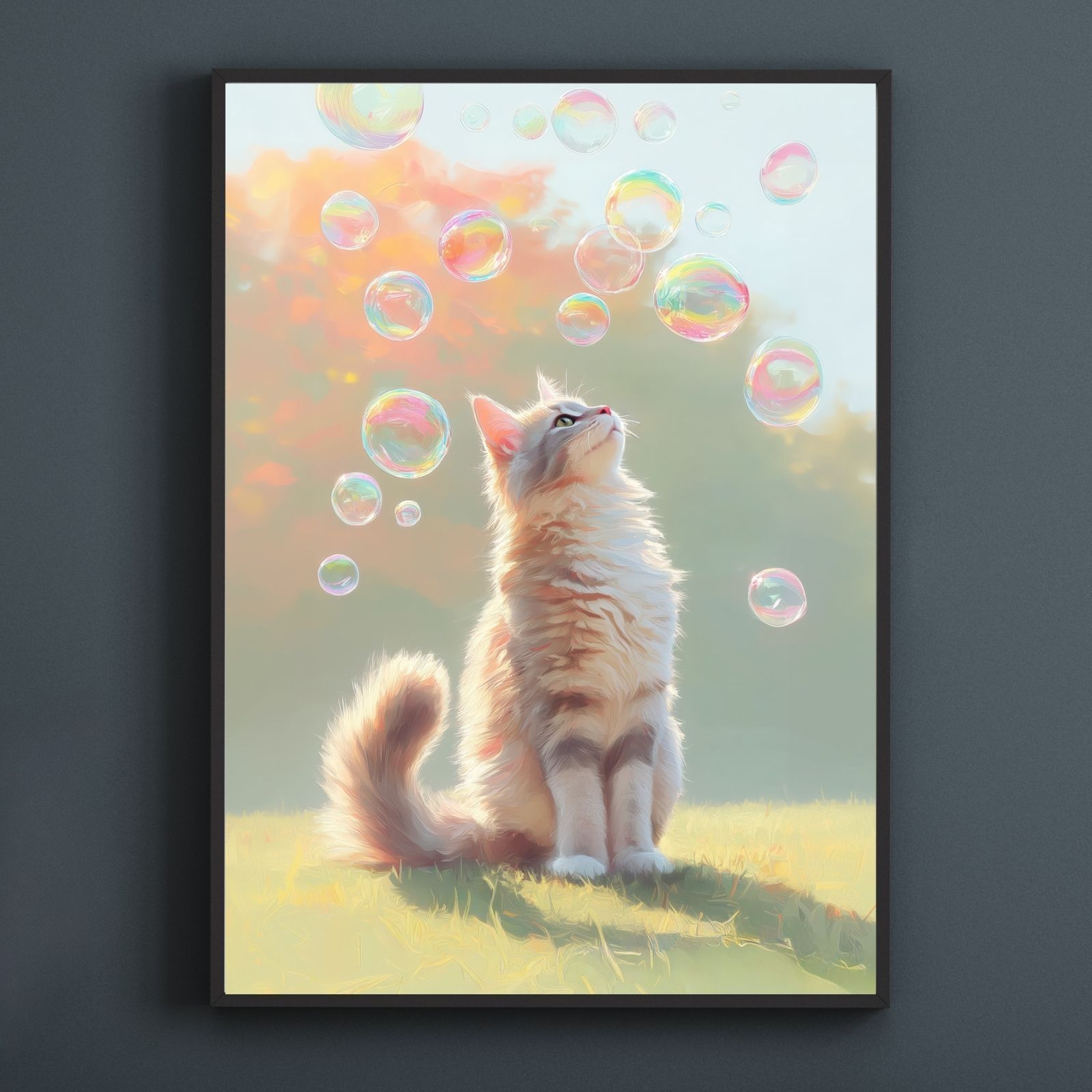 名入れOK 猫とシャボン玉 - ノルウェージャンフォレストキャット メインクーン サイベリアン猫 No.3 アートポスター ペットロス うちの子記念日 北欧 ナチュラル