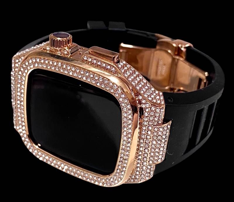 アップルウォッチケース 互換性カスタム カバー 保護 ギフト AppleWatch42 44 45 46 キラキラ ベルト レザー バンド series 4 5 6 7 8 9 10 11 se1 2 3 roze black