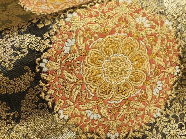佐賀錦　六通柄袋帯　雪輪吉祥花文　金糸　逸品 平和屋着物◎佐賀錦 六通柄袋帯 雪輪有職花鳥文 金糸 正絹 逸品