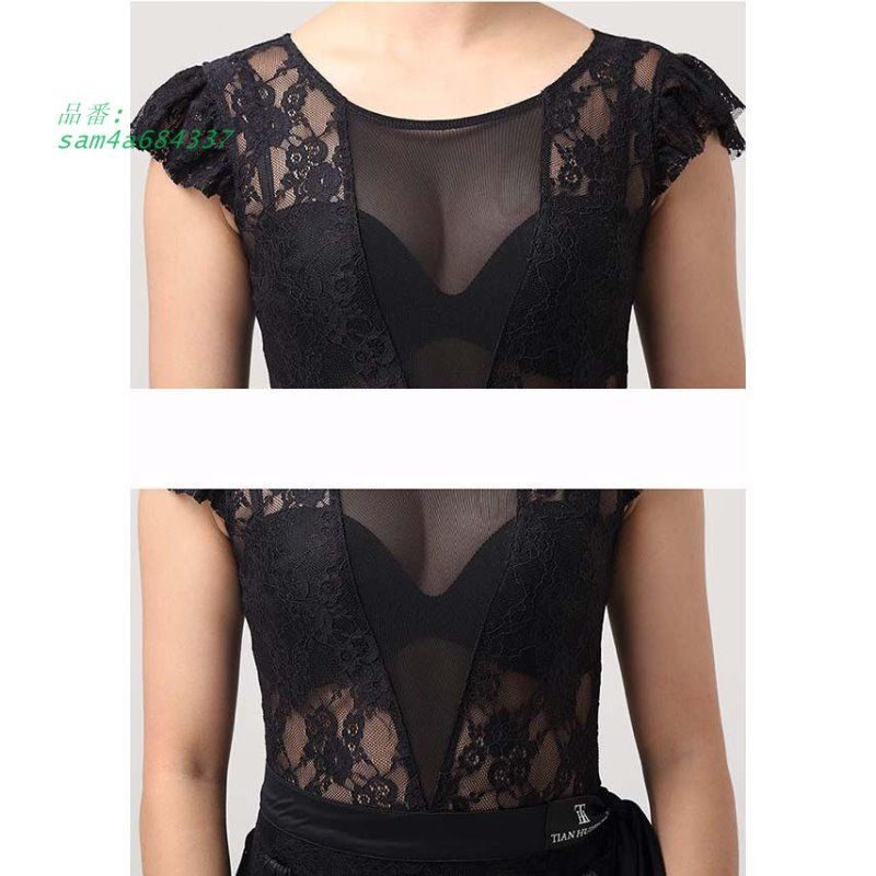 テンダンス ダンス衣装 演技服 レース 上下セット タンゴ服 ワルツ モダンドレス 黒 パーティー用 社交ダンス衣装 2点セット am4a684337
