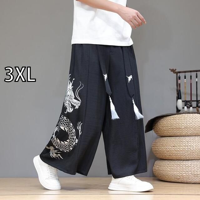 [3XL]アジアンテイスト 衣装 メンズ ファッション 服 用 オシャレ シンプル 大人 かっこいい 大きいサイズ ストリート 紳士服 夏 ドラゴン プリント 大きいサイズ レトロ カジュアル パンツ 漢服 ワイドレッグ