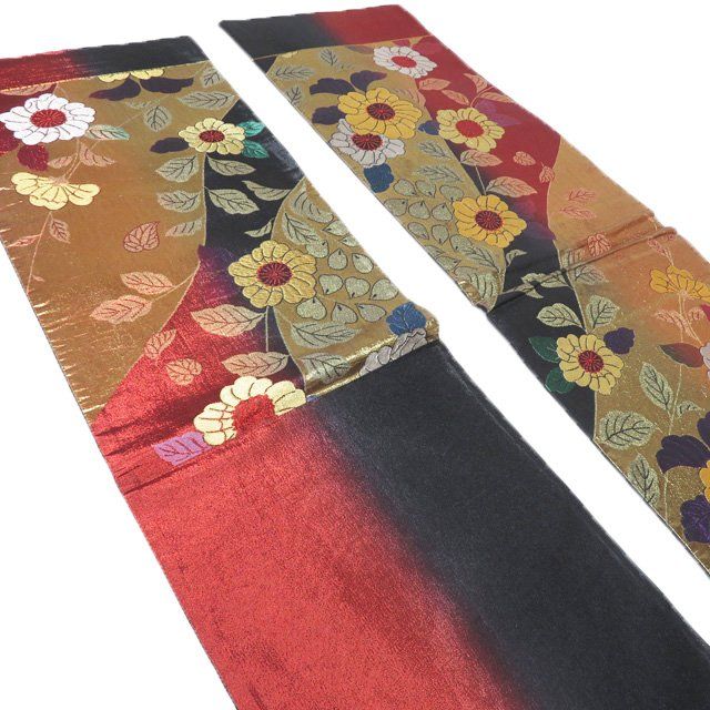 袋帯 振袖用 中古 正絹 六通 花模様 辻が花 箔糸 多色 金 A1184