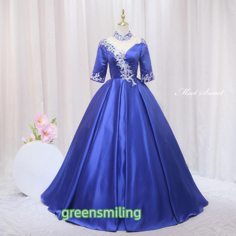 ドレス プリンセスライン ロイヤルブルー 袖あり ビーズ 青 ロングドレス ウェディングドレス 結婚式 二次会 花嫁 前撮り 演奏会 発
