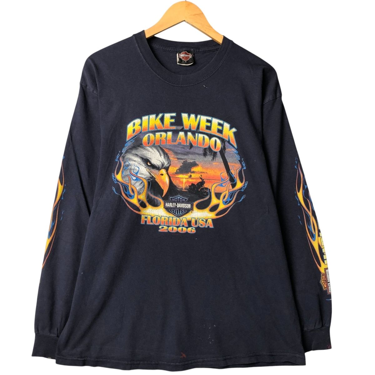 古着 00年代 ハーレーダビッドソン Harley-Davidson モーターサイクル 鷲柄 イーグル柄 ファイヤーパターン ロングTシャツ|evb031875