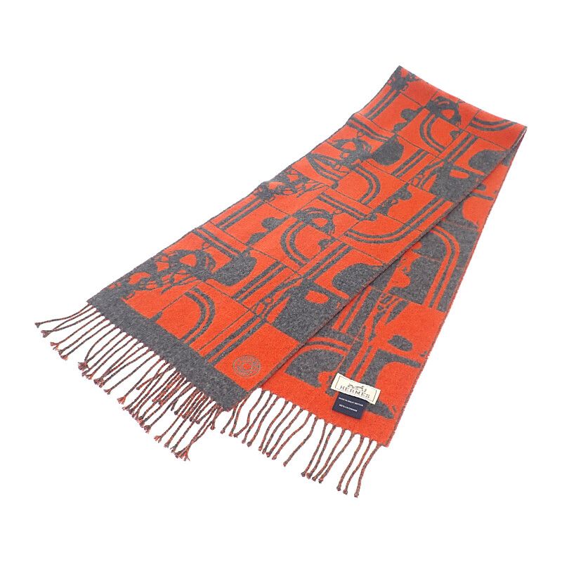 エルメス HERMES Brides de Gala 無秩序 マフラー カシミヤ オレンジ グレー メンズ レディース ユニセックス ギフト Aランク