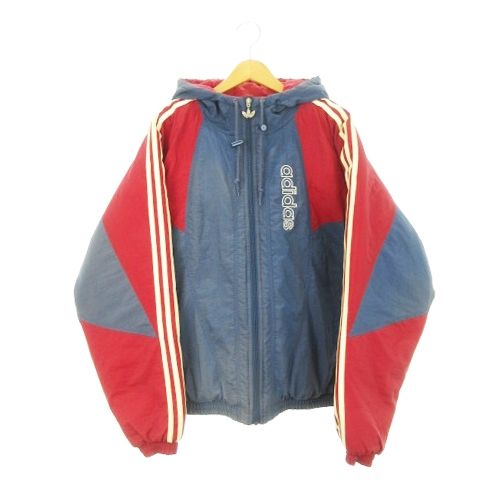 アディダス adidas ヴィンテージ 万国旗タグ 中綿ジャケット フーディー ジップアップ トレフォイル ロゴ刺繍 M 紺 ネイビー |AH23