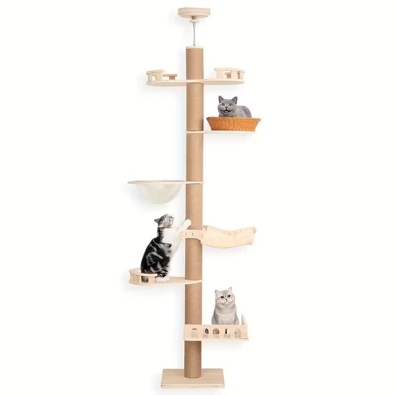キャットタワー 猫タワー 大型猫用 突っ張り式 ハンモック付き シンプル おしゃれ 可愛い インテリア 北欧 多頭飼い 展望台 宇宙船 爪とぎ 運動不足解消 安定 調節 スリム ホワイト ブラウン ラバーウッド コットン紐 天然麻紐 高さ213～272cm