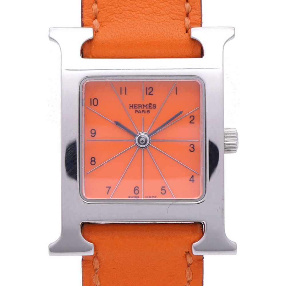 美品 エルメス Hウォッチ HH1.210 クオーツ 腕時計 SS/レザー オレンジ E刻印 0130【中古】HERMES メンズ