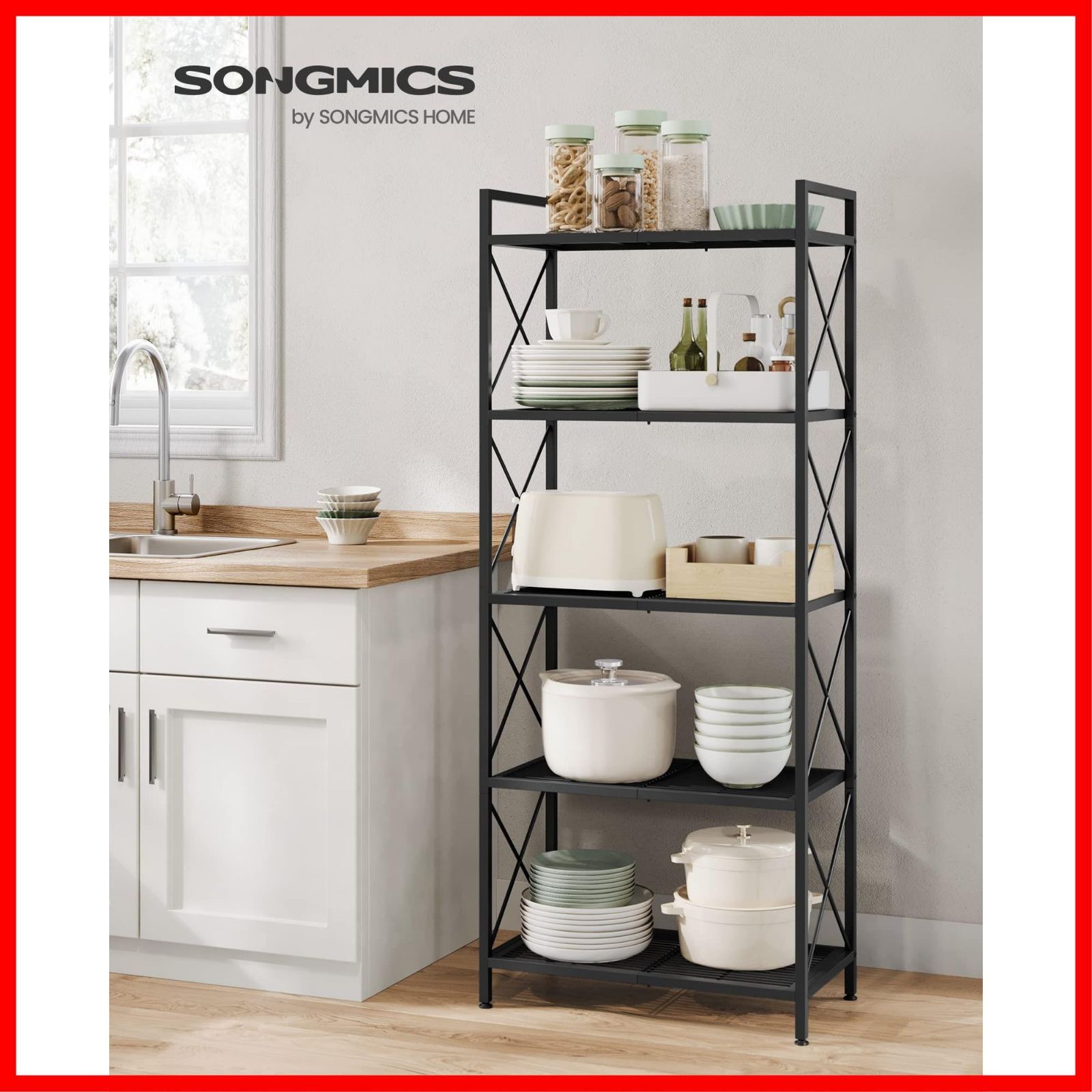 本棚 整理棚 大容量 収納棚 シェルフ棚 アイアンラック 耐荷重250 KG オープンシェルフ すき間収納 収納ラック キッチンラック ラック 60 x 32 145 CM 棚 スチールラック 5段 メタルラック 幅60 SONGMIC
