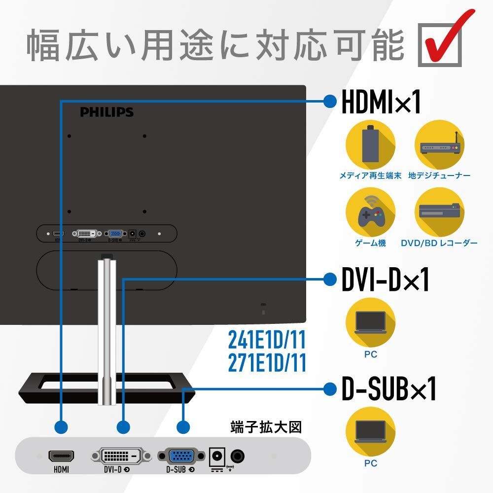 PHILIPS モニターディスプレイ 241E1D/11 (23.8インチ/IPS Technology/FHD/5年保証/HDMI/D-Sub/DVI-D/フレームレス)