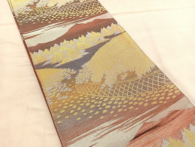 平和屋着物◎六通柄袋帯 風景文 金銀糸 正絹 逸品 BAAU5781hv