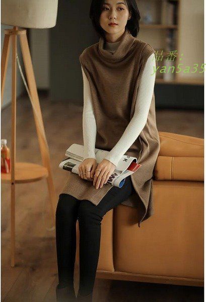 上質素材大人かっこいいイレギュラージャンバースカート ニット トップス スリット ブラウン オフタートル 送料無料20代30代40代50代60代 yan5a351321