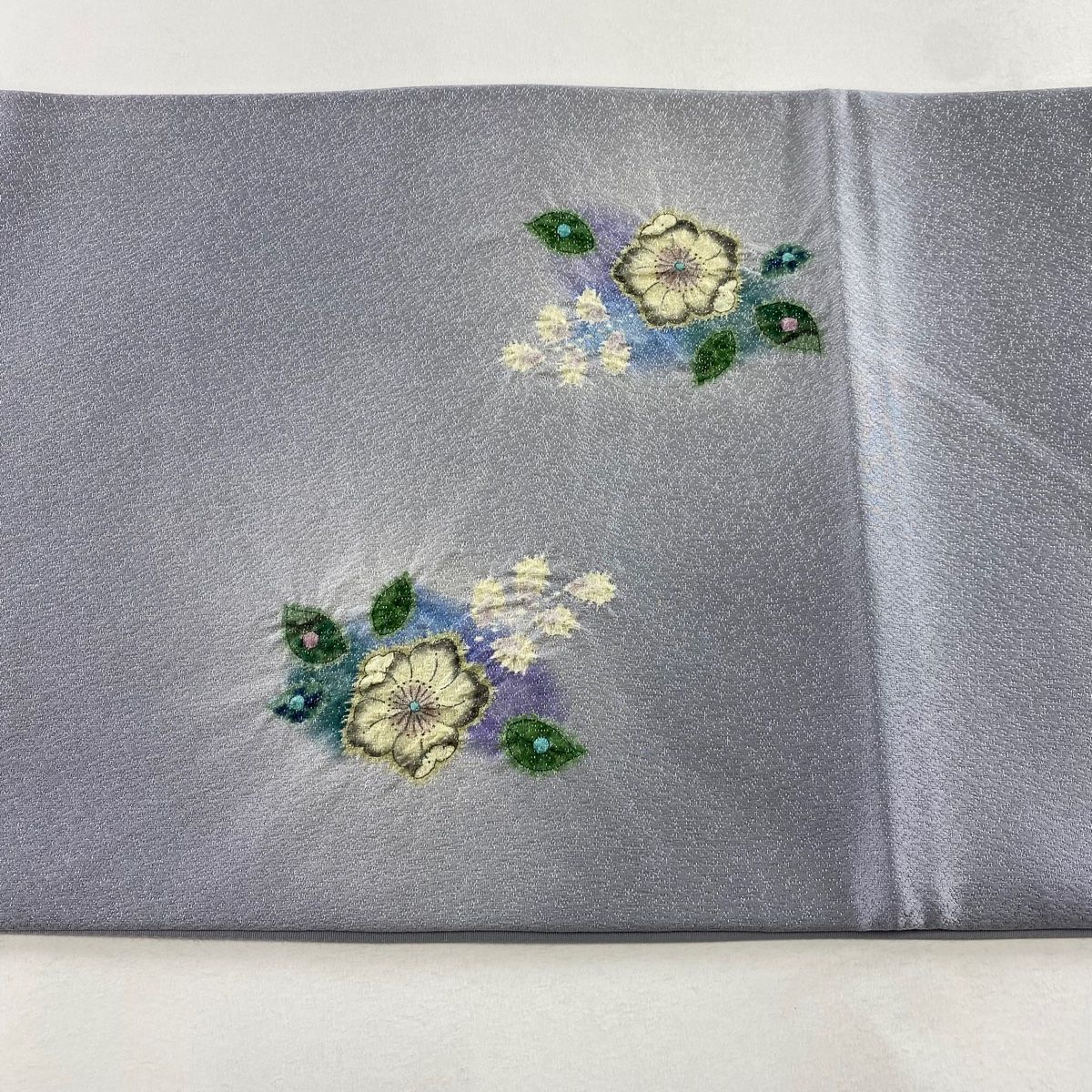 美品】 袋帯 名品 落款 辻が花 銀通し 灰色 お太鼓柄 正絹 【中古 