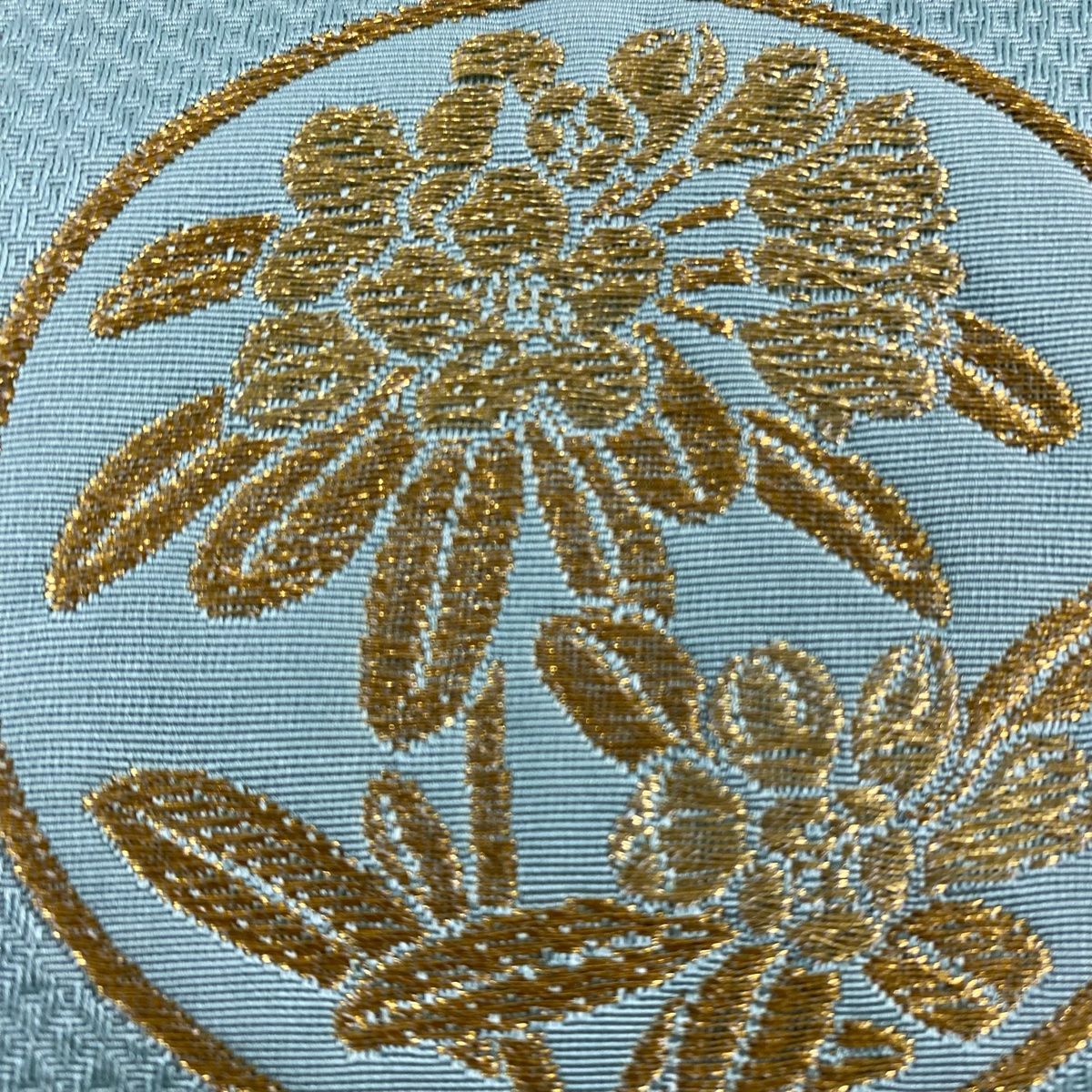 袋帯 秀品 草花 丸文 金糸 薄緑 お太鼓柄 正絹