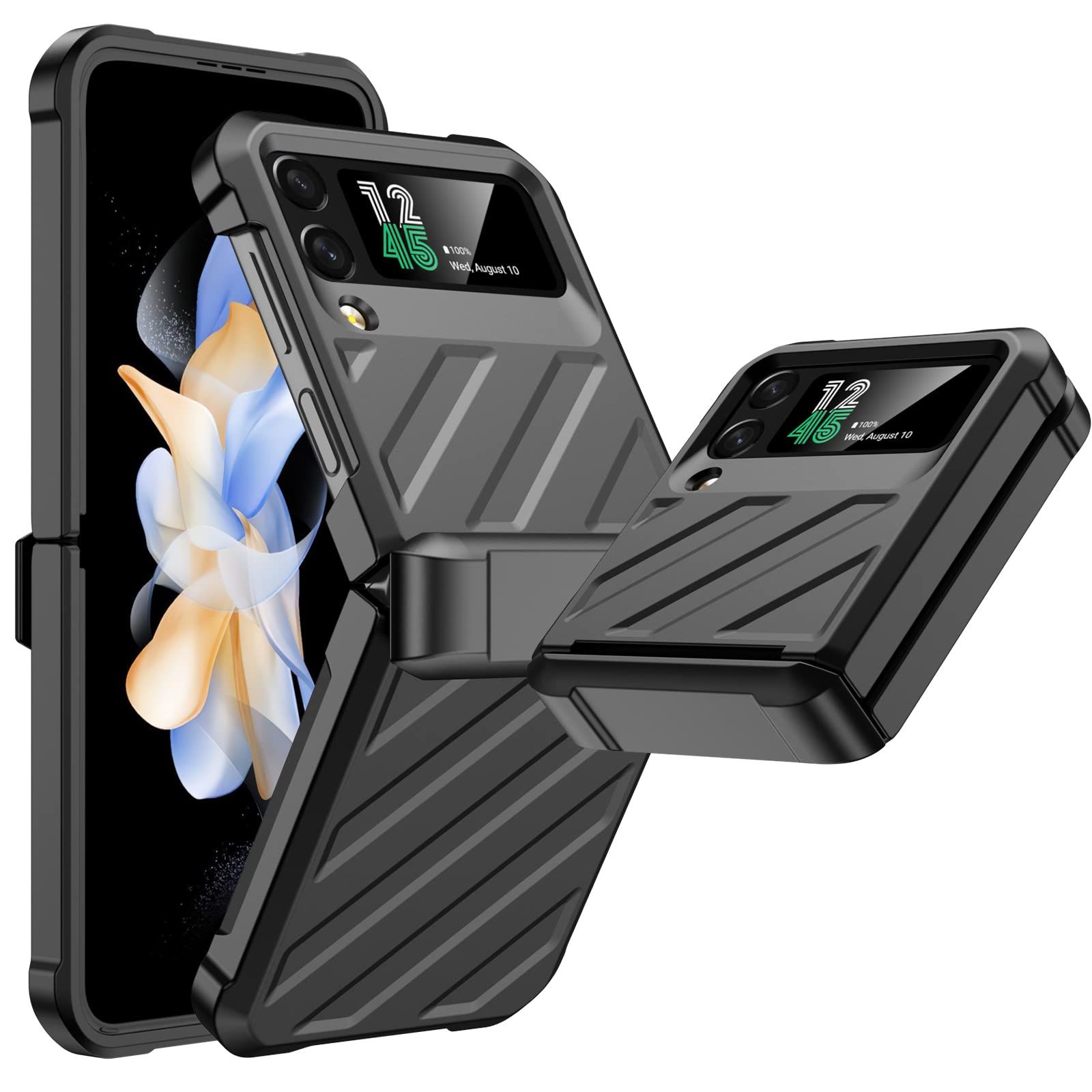 Vizvera Samsung Galaxy Z Flip 4 ケース ヒンジ保護付き Flip z 4 ケース - シリコン オールインクルーシブ 耐衝撃ケース Samsung Galaxy z Flip 4 2025 -ターコイズ ツイルブラック