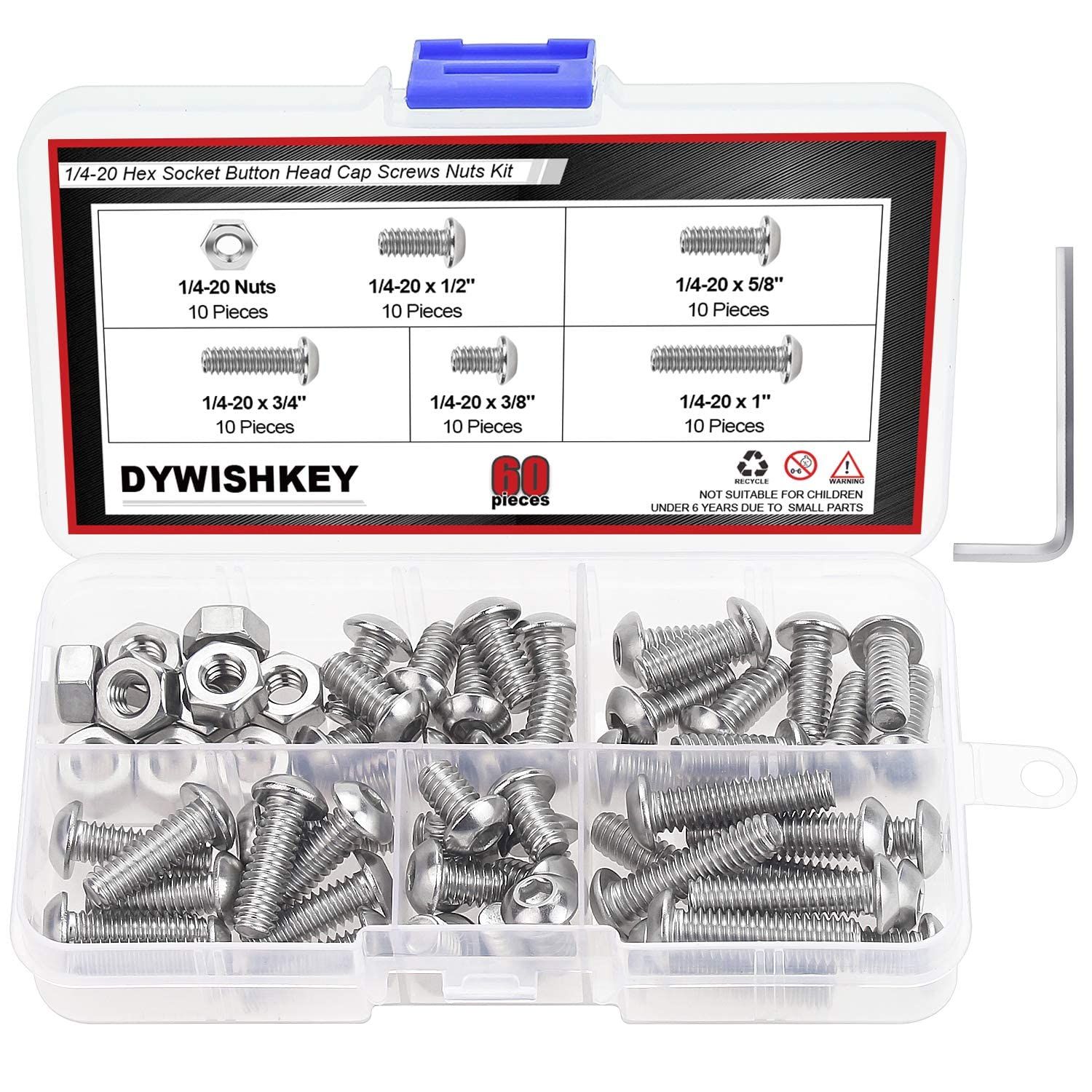 DYWISHKEY 60ピース 1/4-20 x 3/8インチ 1/2インチ 5/8インチ 3/4インチ 1インチ ステンレススチール 304 UNC スレッド 六角ボタンヘッドキャップ ねじ ボルトとナット 詰め合わせキット 六角レンチ付き 