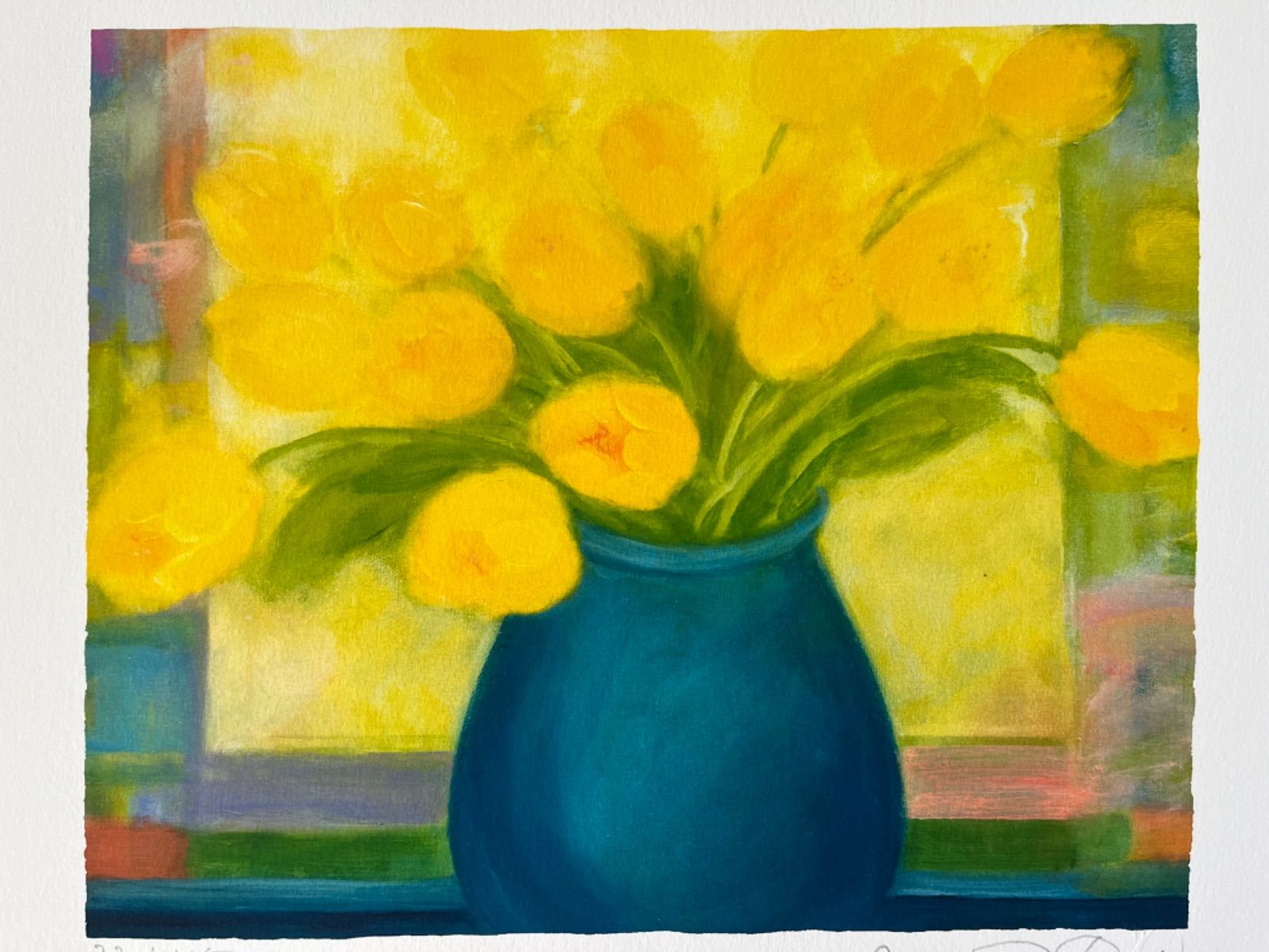 大きめ　版画　ジニー・キム　限定ジクレー　サイン、ED.証明書　額装　代表作 ジニー・キム 版画『緑の花瓶のチューリップ』165枚限定ジクレー 直筆