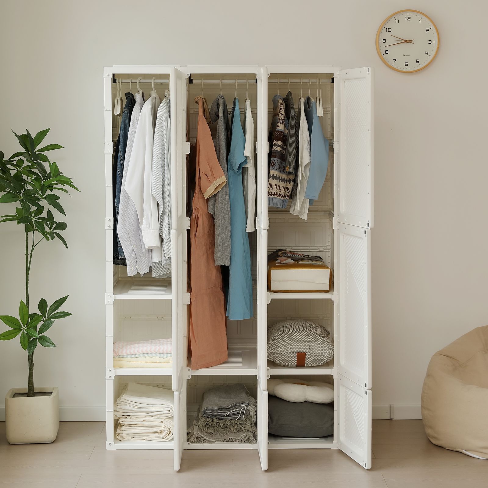 【幅104*高さ170cmホワイト扉】ワードローブ クローゼット 折り畳式 収納 幅104*高さ170cmホワイト扉】ワードローブ クローゼット 一体