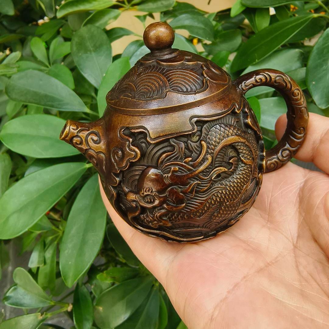 浮彫 竜紋茶壺 酒壺 銅壺 茶道 工芸品 美術品 置物 【公式通販】