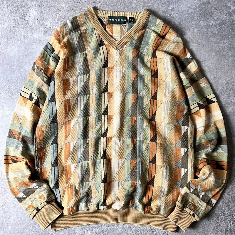 90s カナダ製 TUNDRA Vネック 総柄 コットン ニット セーター L / 90 