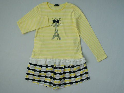 低価，人気セール ベベ bebe アウトレット 子供服 女の子 140cm 長袖 Tシャツ ロンT 黄色 ボーダー キュロット スカート 黄色 紺 幾何学 2点 春 夏 ★3 セットアップ ガールズ 女児 キッズ ジュニア 【中古】 ユーズ スーツ・ブレザー