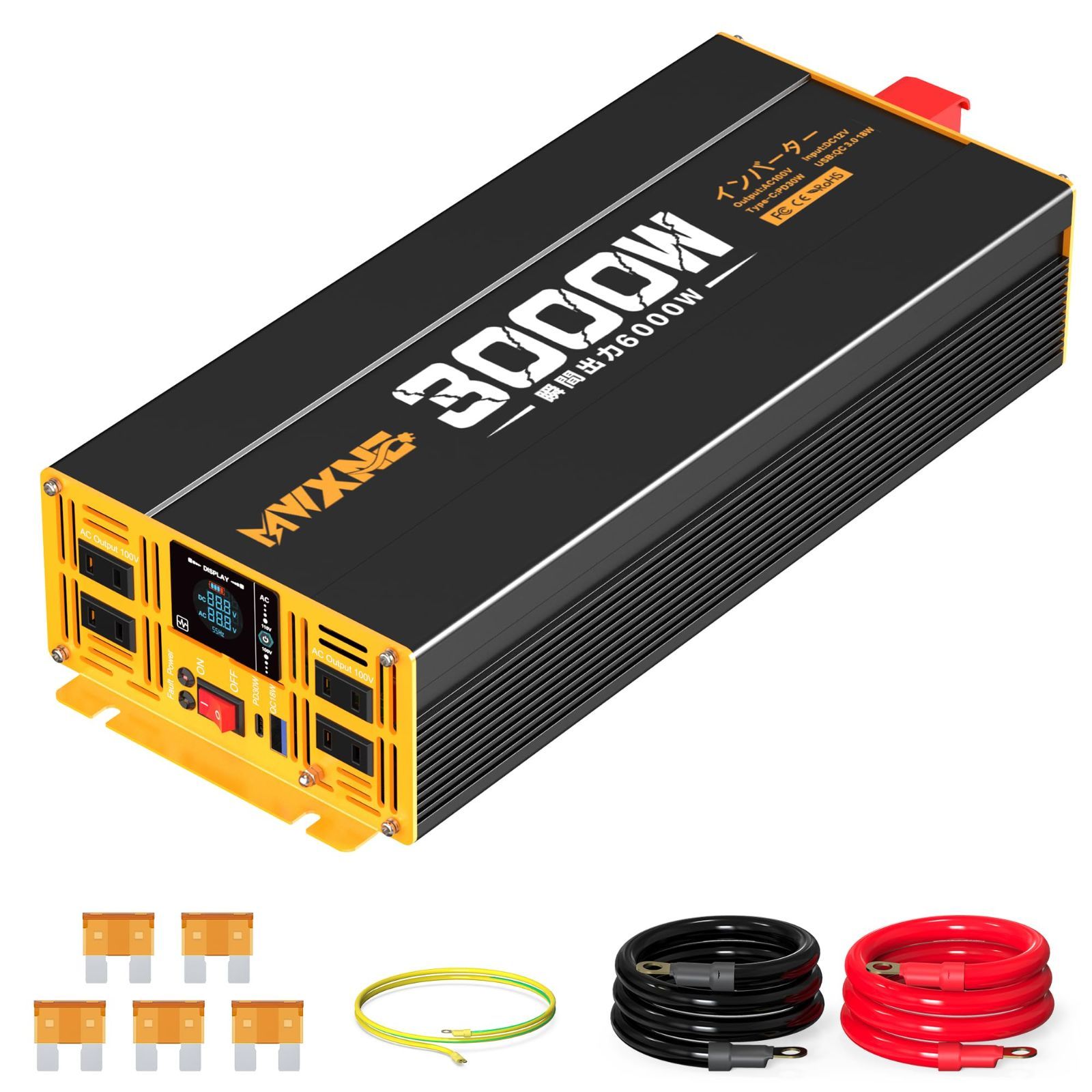 MWXNE インバーター 修正波 12v 100v 3000W 瞬間出力6000Ｗ DC12V 直流 をAC100V 交流 に変換 カーインバーター PD30W ACコンセント電源2口 家庭緊急用電源 車中泊グッズ アウトドア 自動車 キャンピングカー用品