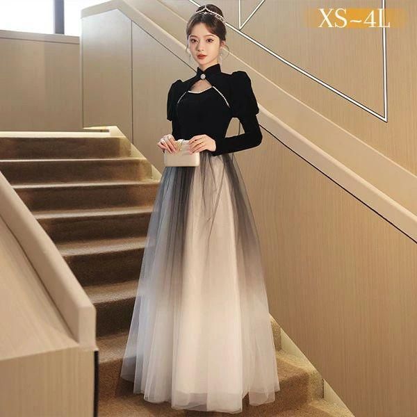 ドレス 大人 ピアノ 発表会 ロングドレス 演奏会 結婚式 母親 ピアノ発表会 黒ドレス 袖付き グラデーション ワンピース 長袖
