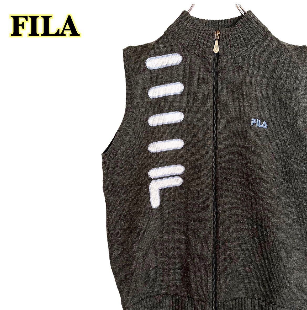 FILA フィラ　フルジップベスト　ニット　グレー　　ウール　Mサイズ