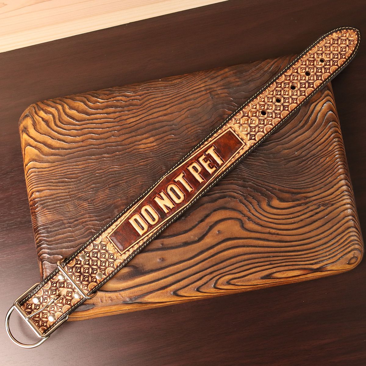 Tooled Wide Leather Collar | Carved Lettering Design (DO NOT PET 