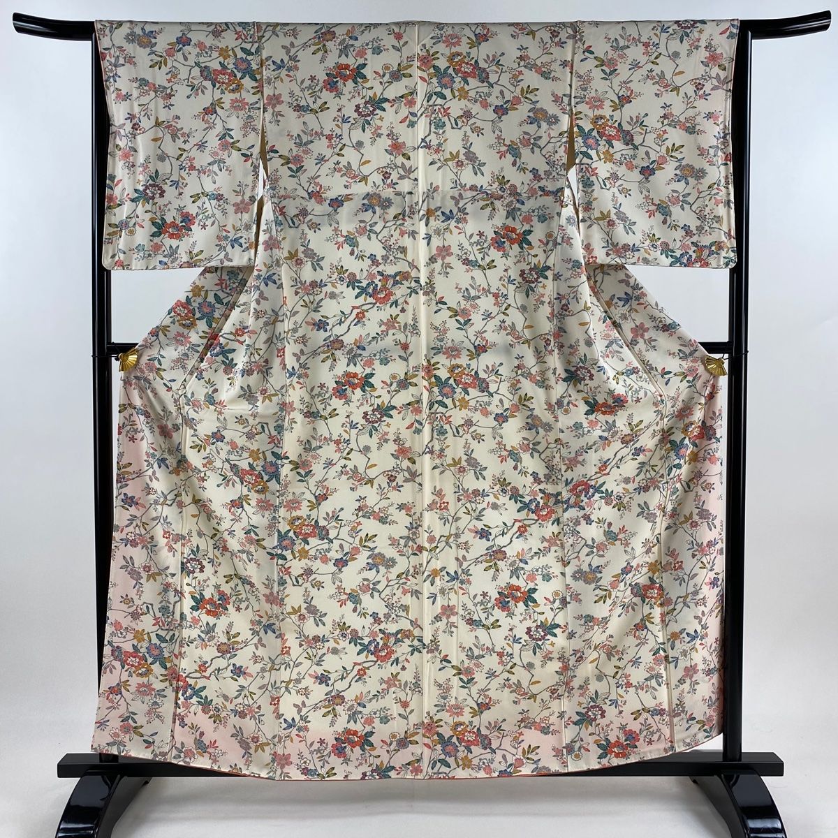 小紋 身丈159.5cm 裄丈64cm M 袷 加賀友禅 枝花 クリーム 正絹 秀品