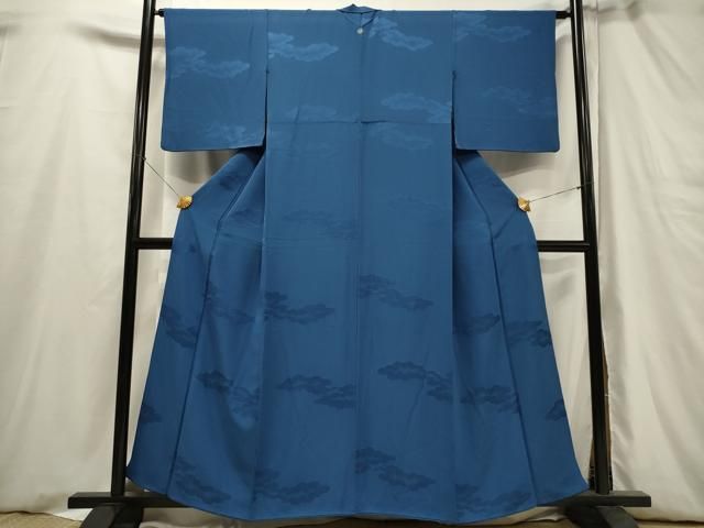 平和屋着物□上質な色無地 雲取り地紋 薄群青色 正絹 逸品