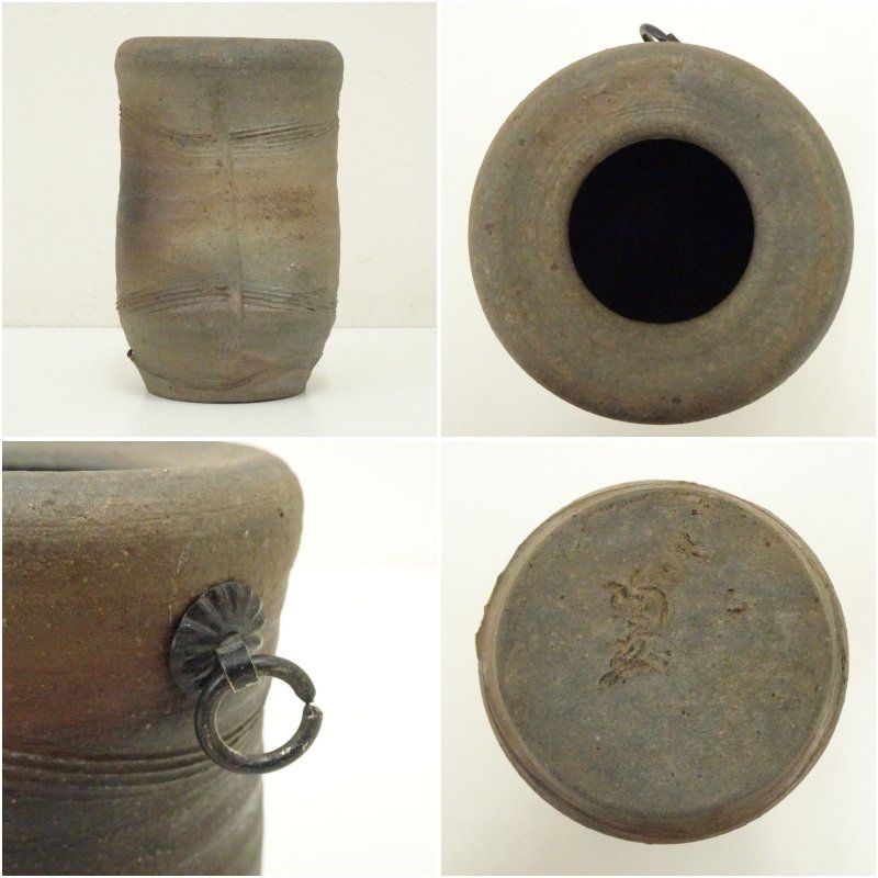 備前焼　現代作家　窯変　筒形　花瓶　花入れ　共箱 備前焼 花瓶 共箱 七十六代金重利陶苑 備前 花入
