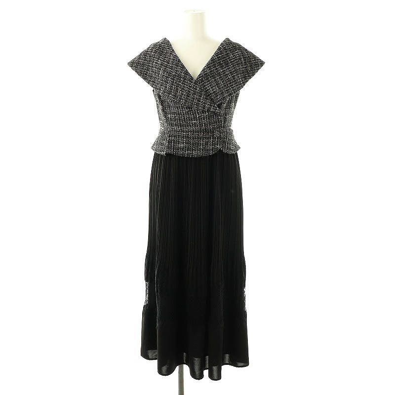 ハーリップトゥ Her lip to 23SS Siena Big Collar Pleated Dress ワンピース ツイード切替 S 黒 白 |MI OS