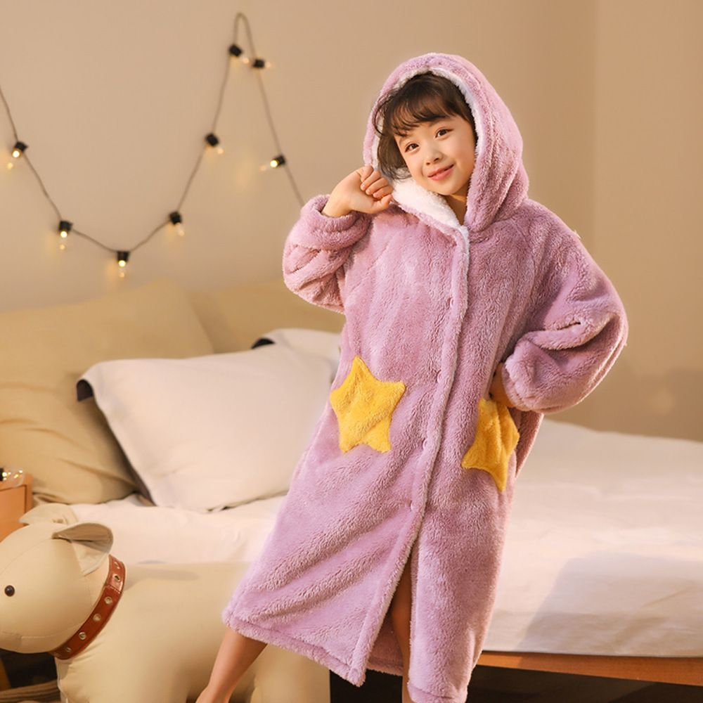 パープル×ガールズ  100(推薦身長90-100)  バスローブ pmybath008 キッズ バスローブ ガウン ナイトガウン ロングガウン ルームウェア 着る毛布 部屋着 パジャマ 寝巻き 寝巻 フード付き フード 男