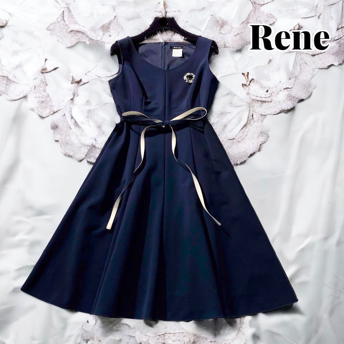 美品 Rene ルネ リボン ひざ丈フレアワンピース ミッドナイトブルー 34-