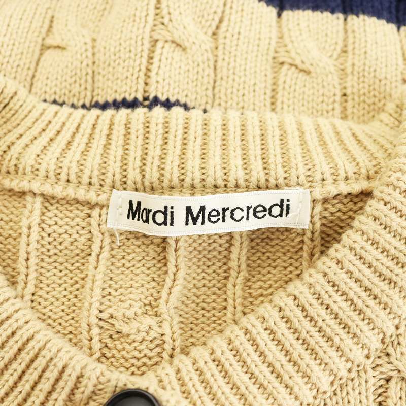 マルディメクルディ COTTON CARDIGAN ROUND NECK STRIPE カーディガン ストライプ柄 刺繍 F ベージュ 紺 マルディメクルディ Mardi Mercredi COTTON CARDIGAN ROUND NECK
