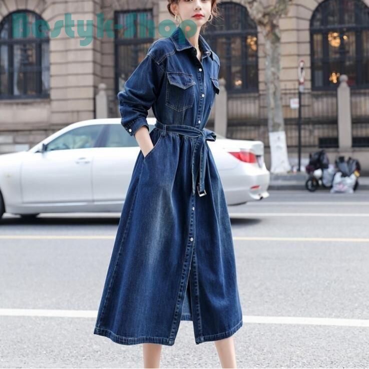 デニムワンピース ワンピース レディース ロングワンピース シャツワンピース トレンチコート 秋 春 前開き お出かけ ロングデニム 20代 30