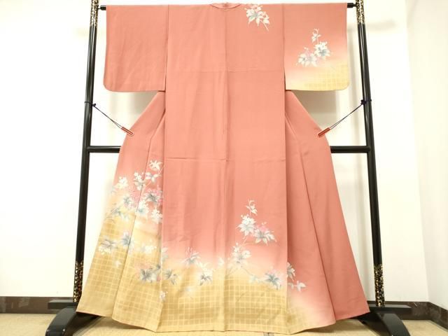 付け下げ 彩通し ラメ通し 伊と幸 鳥 紅海老茶色 正絹 反物 付下げ 秀品 枝梅 蝶 山吹茶色 袷 165.5cm 66cm M 正絹 【中古】