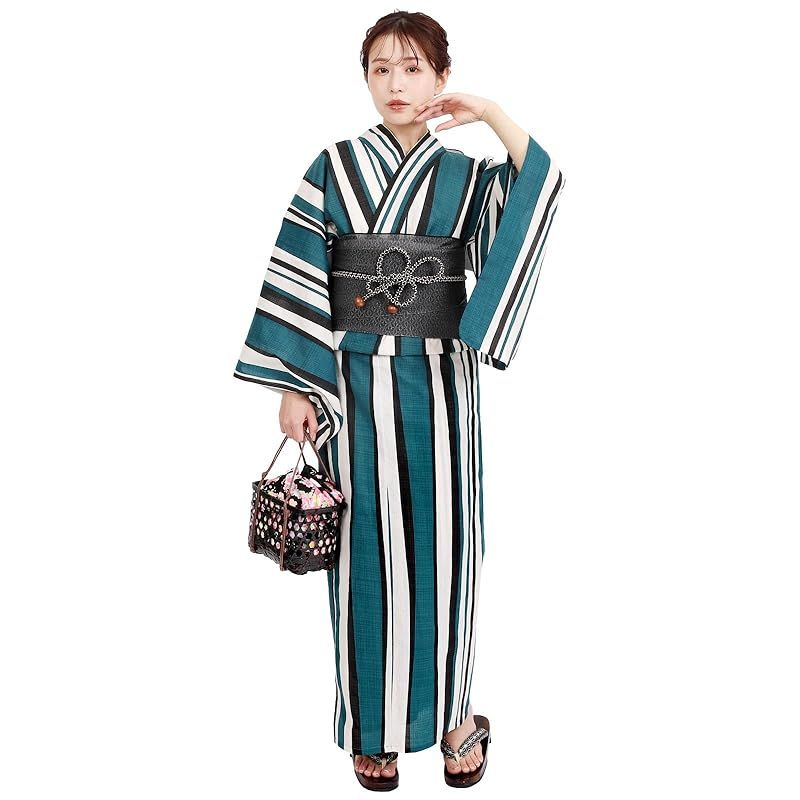 Fuuka 風香 浴衣 レディース 二部式 セパレート 帯 2点セット フリーサイズ 縞 青緑 兵児帯| |ブラック X14B25B256