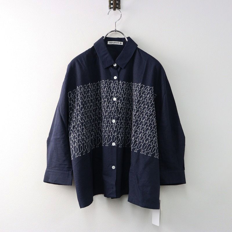 ミナペルホネン mina perhonen lintu ブラウス 40|ネイビー 刺繍 シャツ コットンラミーシルク トップス 鳥 2400014397574