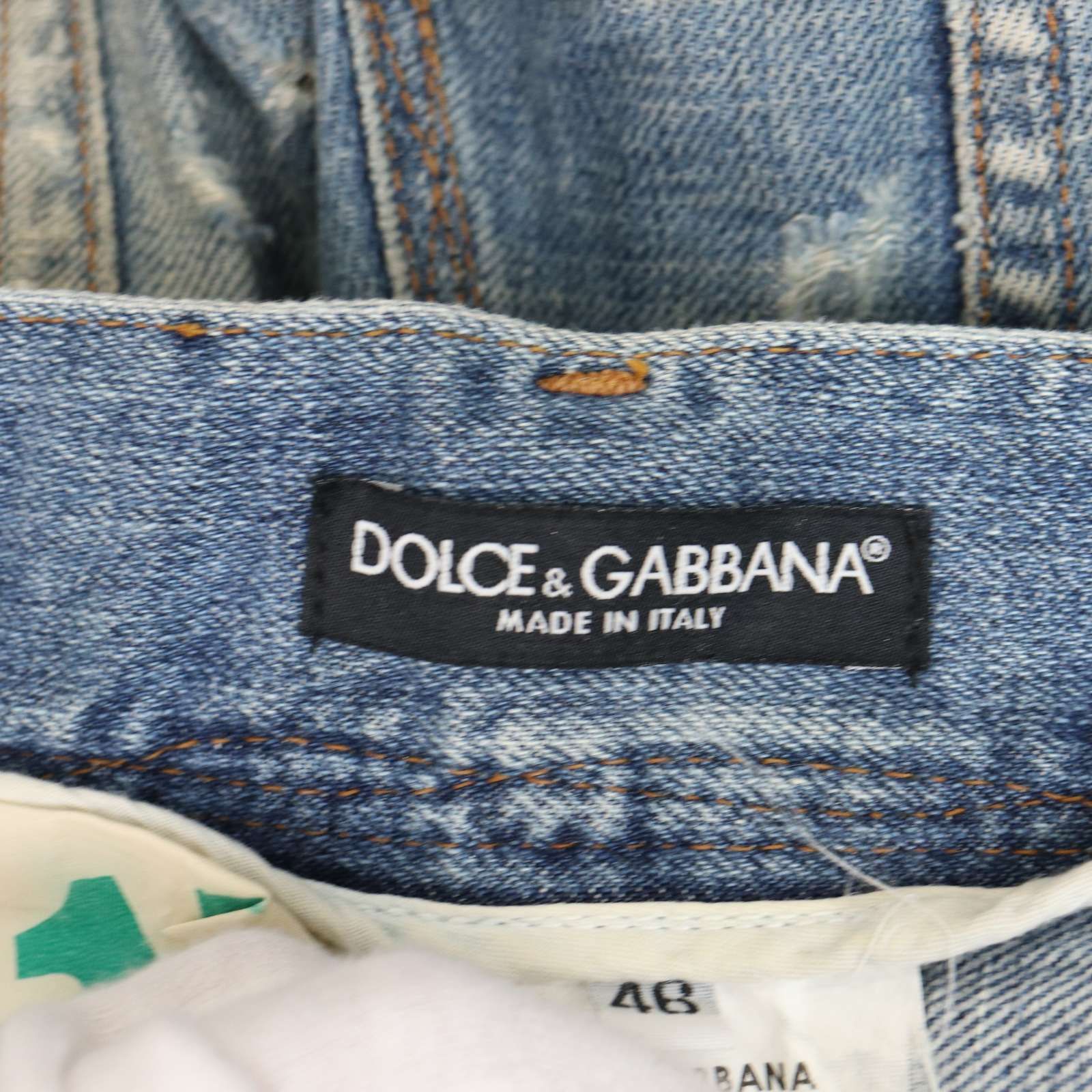 J3056良品ドルチェ&ガッバーナクラッシュ加工ワッペンプレートデニムパンツ48 DOLCE＆GABBANA ドルチェ＆ガッバーナ 14 CLASSIC☆ クラッシュ