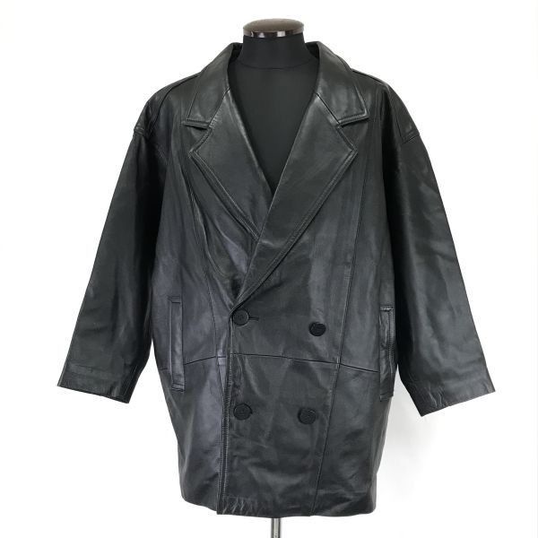 日本製羊革/ダブルボタン/レザージャケット【F/メンズXL相当/黒/black】本革/シープスキン/ビッグシルエット/Coat/Jacket/Jumper/Made in JapancBH460