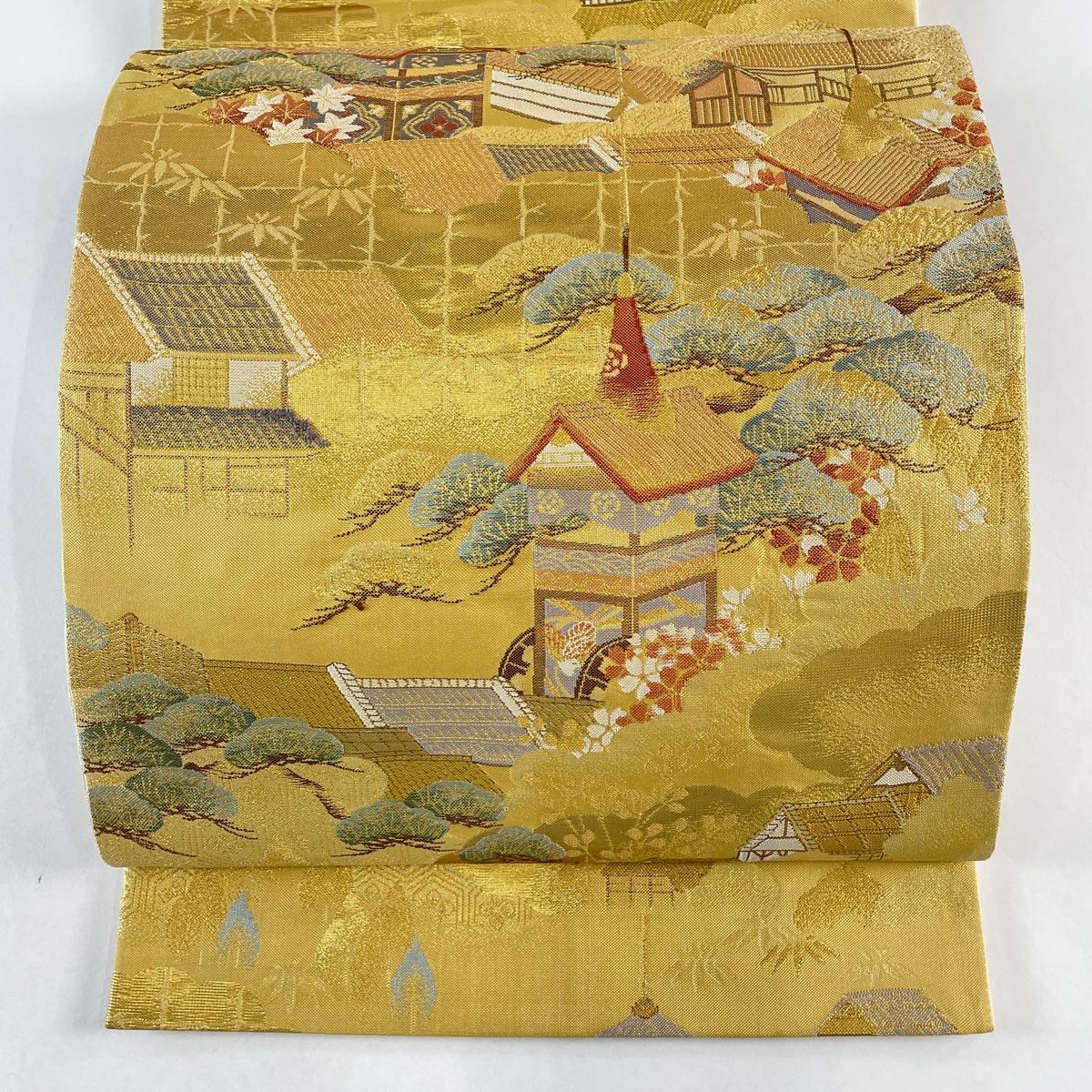 袋帯 秀品 落款 山鉾 笠松 金糸 箔 金色 六通 正絹
