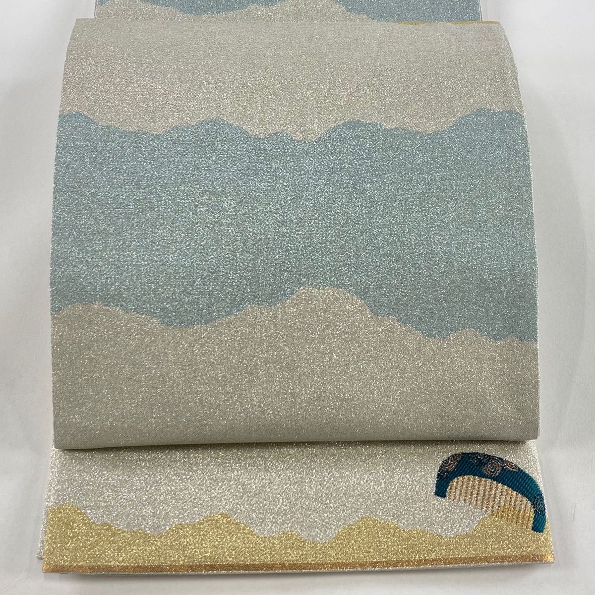 美品】 袋帯 秀品 関西仕立て 幾何学模様 銀色 六通 正絹 【中古