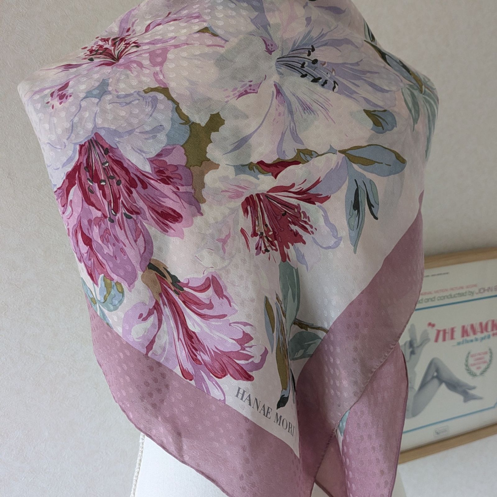 HANAE MORI】花柄シルクスカーフ ピンク used レディース古着