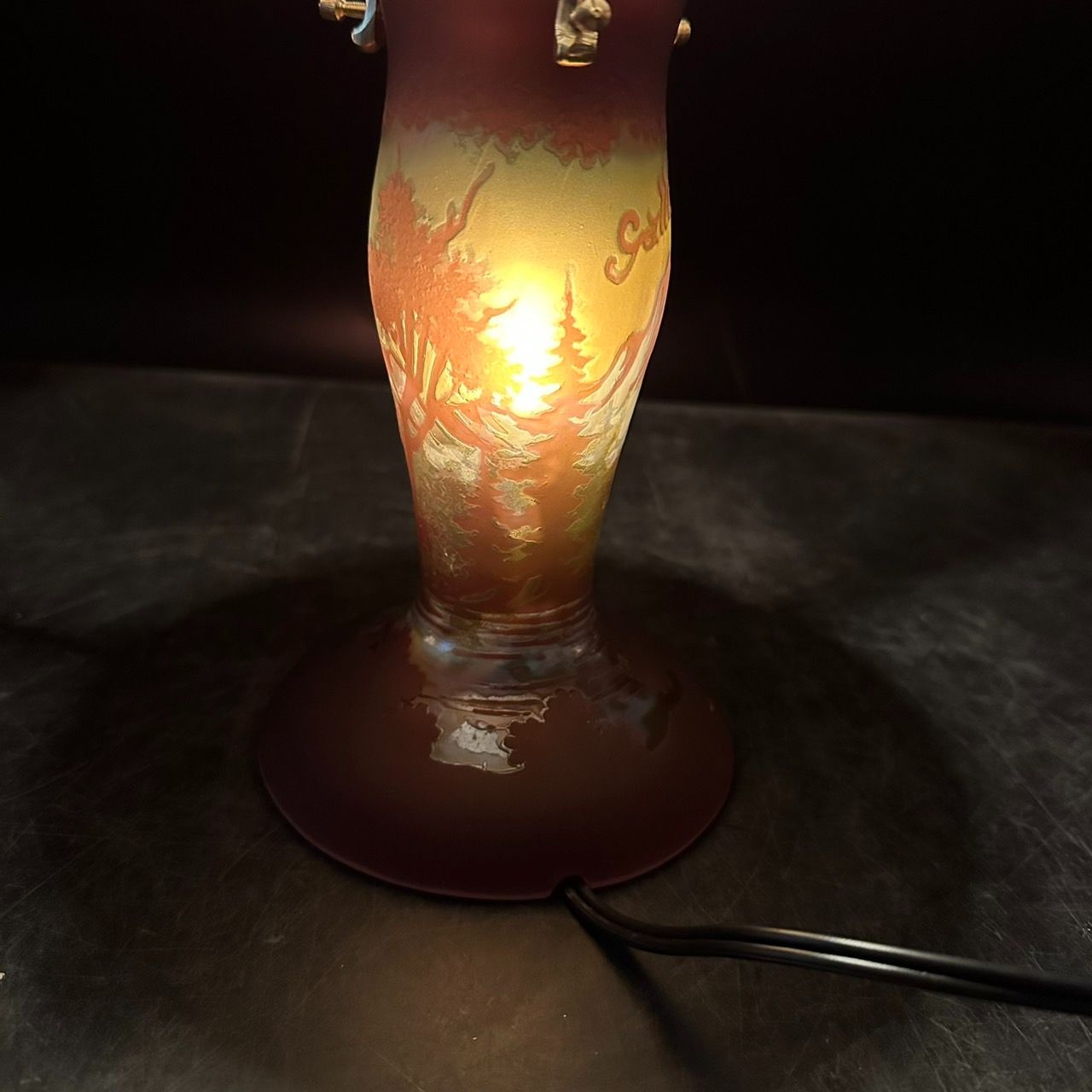 【証明書】　エミールガレ 2灯　山景文　台座真鍮　カメオ彫り　被せガラス 証明書】 エミールガレ 2灯 山景文 台座真鍮 カメオ彫り 被せ