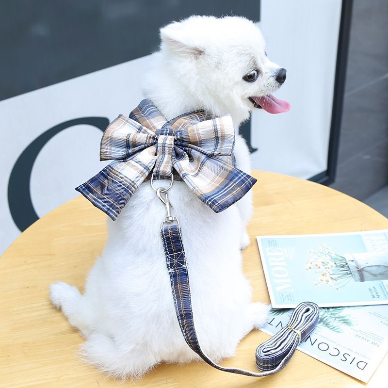 ハーネス 姫系 チェック柄 リボン 犬 リード付き 小型犬 中型犬 服 かわいい【ネイビー×イエロー】